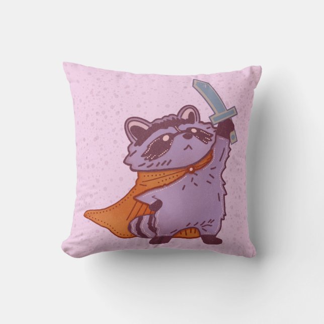 Cute Fantasy Racoon Warrior with Sword and Cape Cushion (Front)