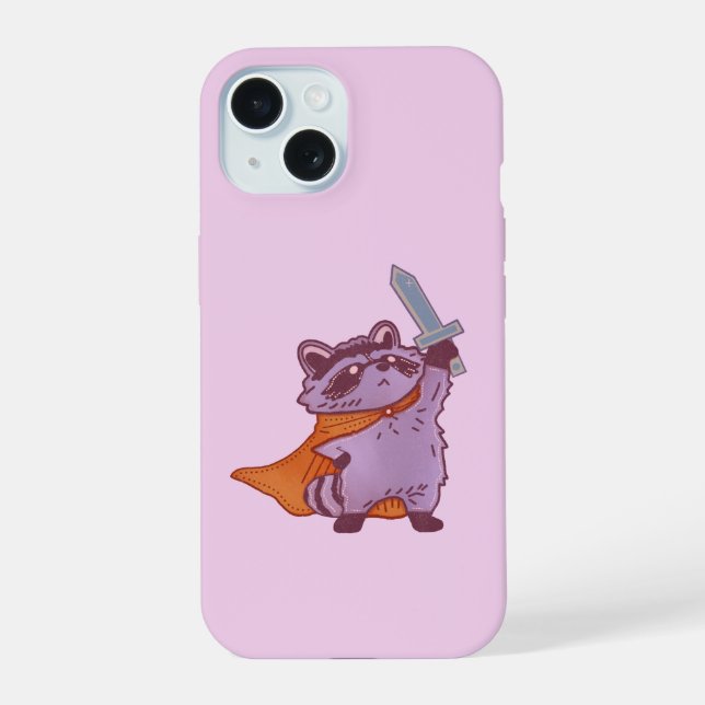 Cute Fantasy Racoon Warrior with Sword and Cape iPhone 15 Case (Back)