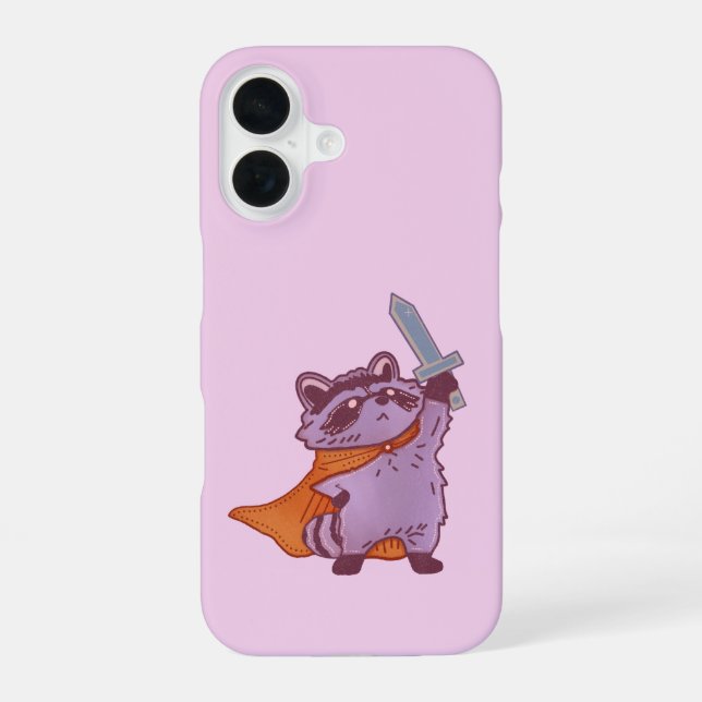 Cute Fantasy Racoon Warrior with Sword and Cape iPhone 16 Case (Back)