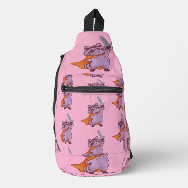 Cute Fantasy Racoon Warrior with Sword & Cape Sling Bag (Front)