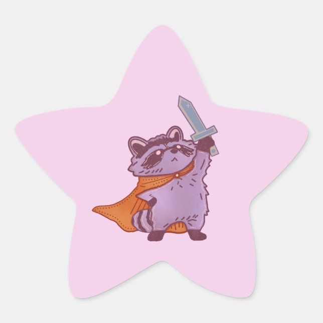 Cute Fantasy Racoon Warrior with Sword & Cape Star Sticker (Front)
