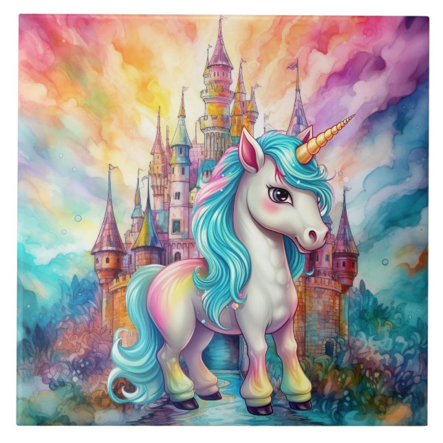 cute fantasy unicorn girls ceramic tile (Front)