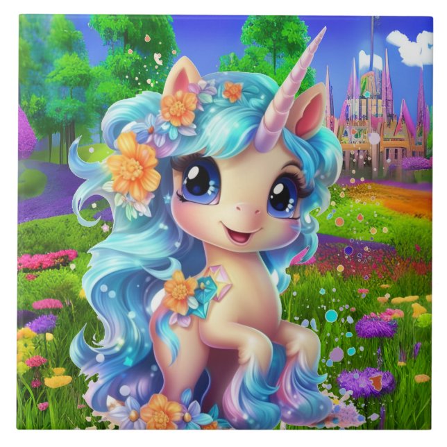 cute fantasy unicorn girls  ceramic tile (Front)