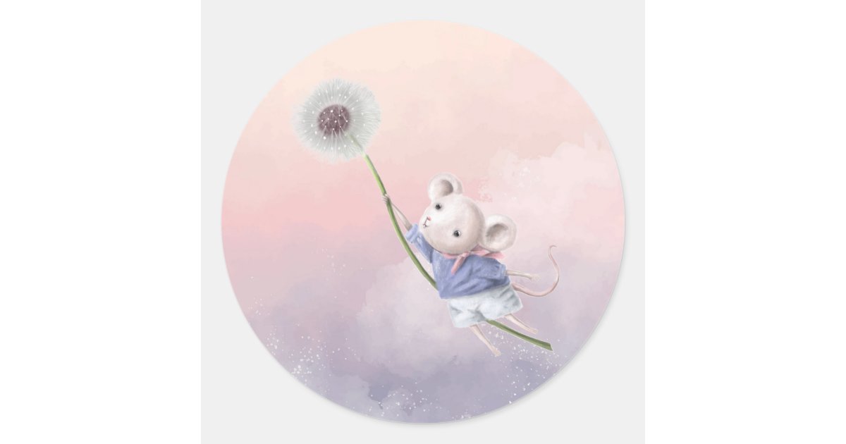 Cute Fantasy Watercolor Mouse Dandelion Flying Classic Round Sticker ...