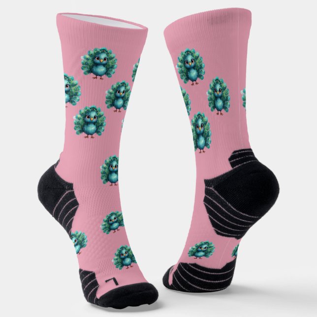 Cute Fantasy whimsical Blue Peacock,Crew Socks (Angled)