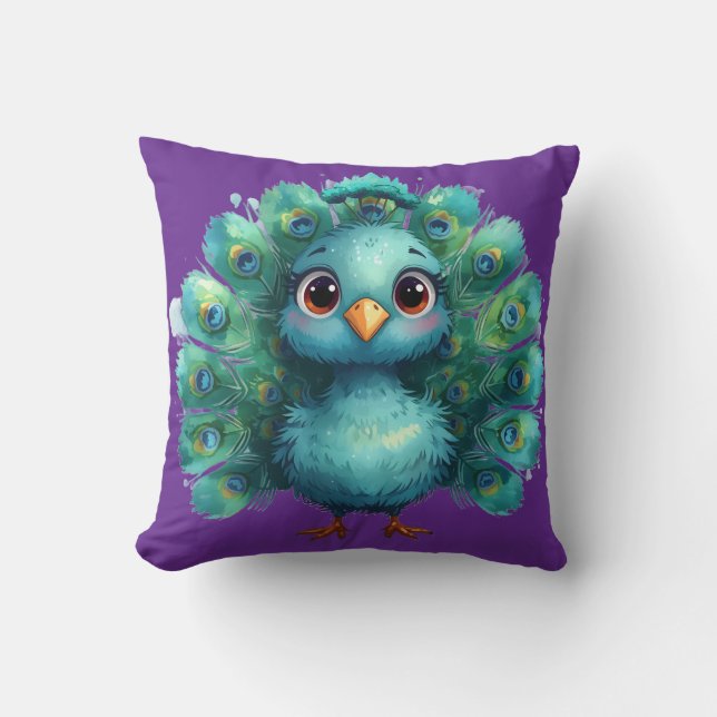 Cute Fantasy whimsical Blue Peacock Cushion (Front)