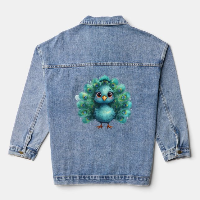 Cute Fantasy whimsical Blue Peacock Denim Jacket (Back)