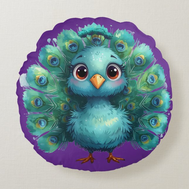 Cute Fantasy whimsical Blue Peacock Round Cushion (Front)