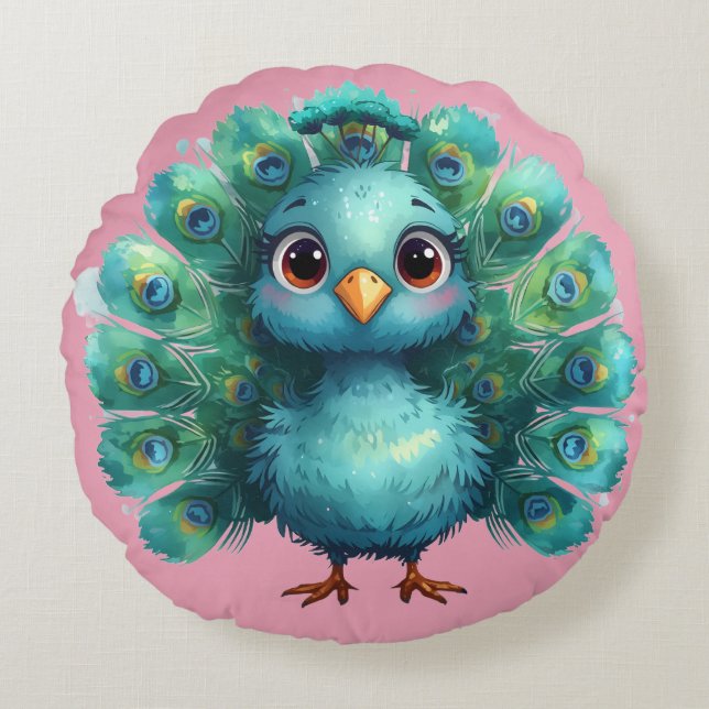 Cute Fantasy whimsical Blue Peacock Round Cushion (Front)