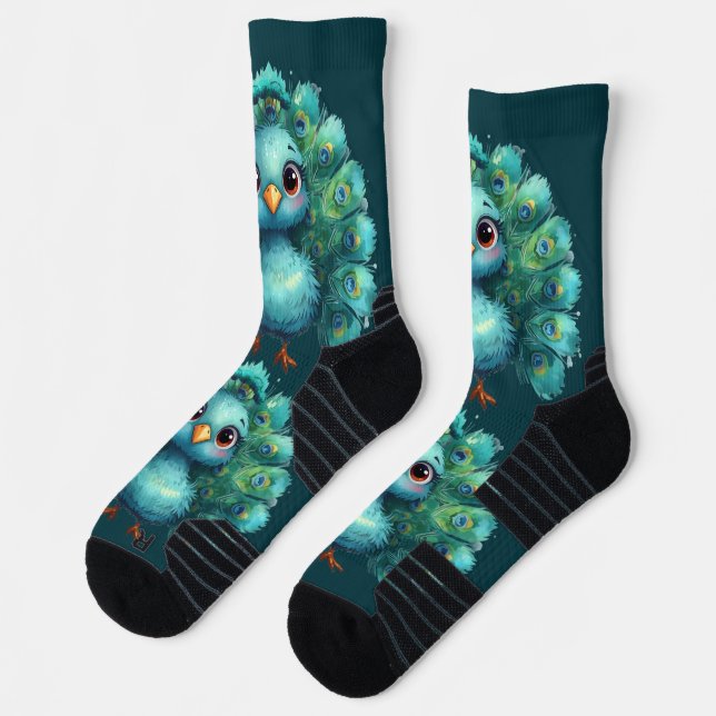 Cute Fantasy whimsical Blue Peacock  Socks (Left)