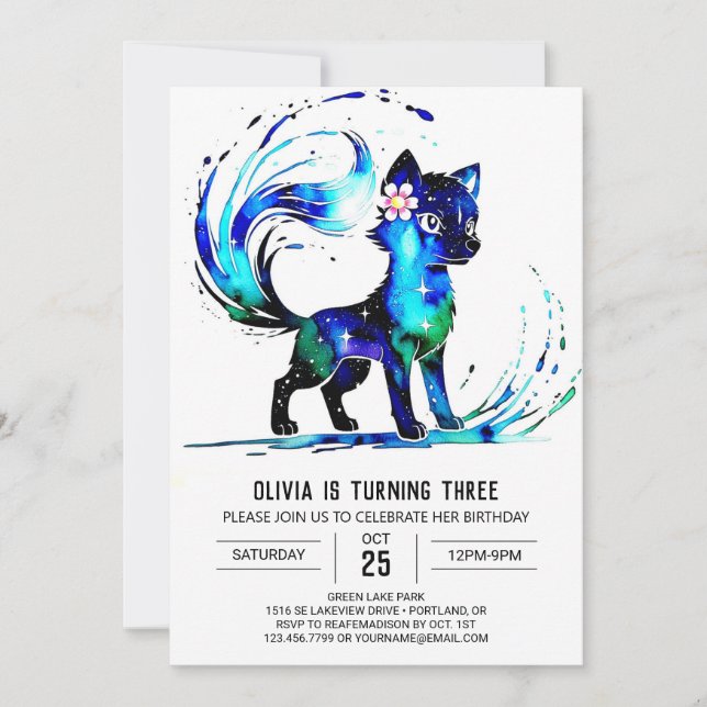 Cute Fantasy Wolf Digital Girl Birthday Invitation (Front)