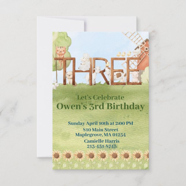 Cute farm animal barnyard third birthday invitation (Front)