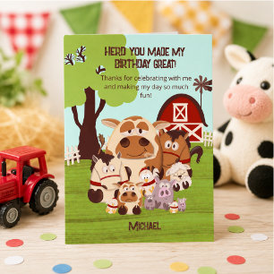 Cute Farm Animal Kid Barnyard Birthday Thank You Card