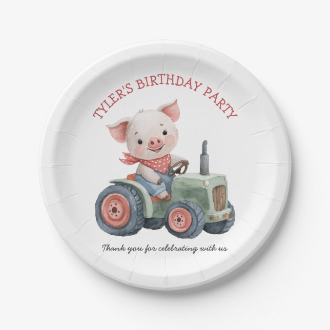 Cute Farm Animal Pig Tractor Birthday Party Paper Plate (Front)