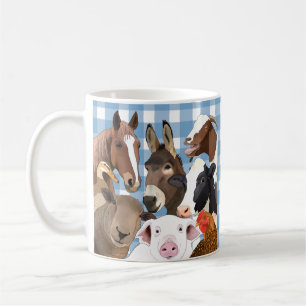 Cute Farm Animal Portrait Gingham Check - Blue Coffee Mug