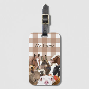 Cute Farm Animal Portrait Gingham Check - Brown Luggage Tag