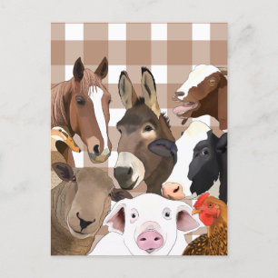 Cute Farm Animal Portrait Gingham Check - Brown Postcard