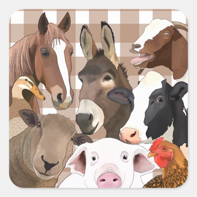 Cute Farm Animal Portrait Gingham Check - Brown Square Sticker (Front)
