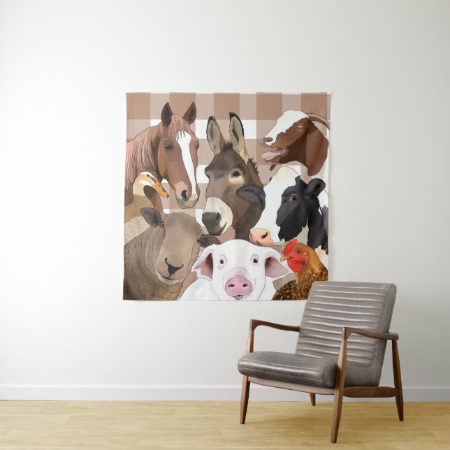 Cute Farm Animal Portrait Gingham Check - Brown Tapestry (In Situ)