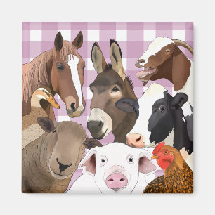 Cute Farm Animal Portrait Gingham Check - Purple Magnet