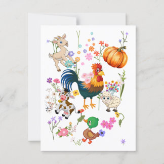Cute farm animals and pretty flowers postcard