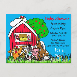 Cute Farm Animals and Red Barn Baby Shower Invites Postcard