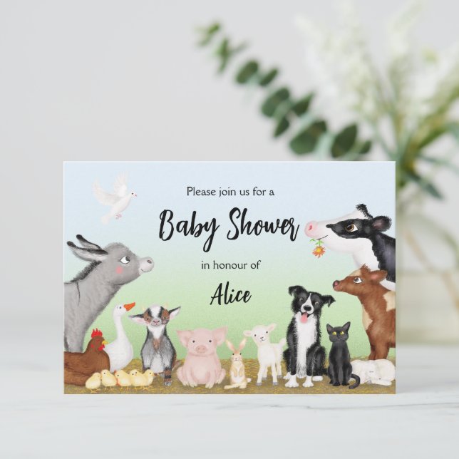 Cute farm animals baby shower invitation (small) (Standing Front)