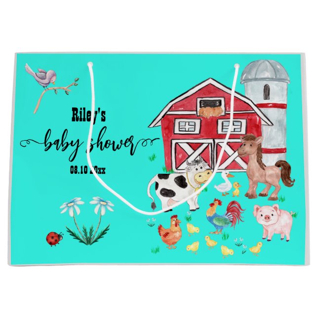 Cute Farm Animals Baby Shower Teal Large Gift Bag (Front)