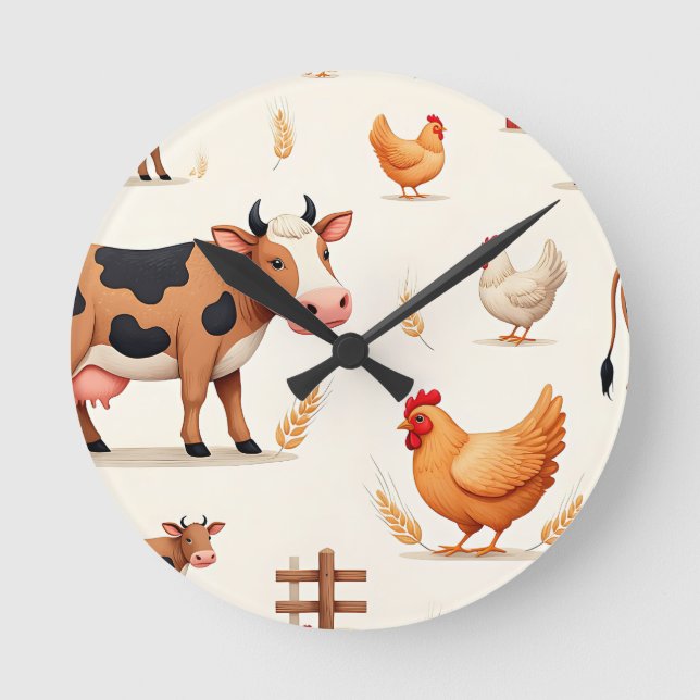 Cute Farm Animals Barn Pattern Round Clock (Front)