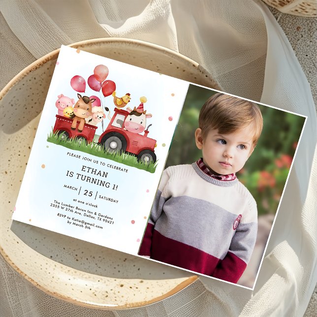 Cute Farm Animals Barnyard 1st Birthday Photo Invitation (Creator Uploaded)