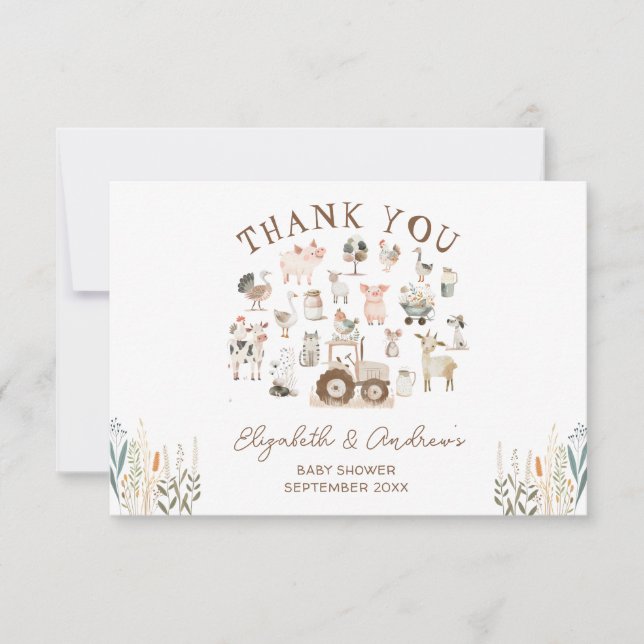 Cute Farm Animals Barnyard Baby Shower Thank You Card (Front)