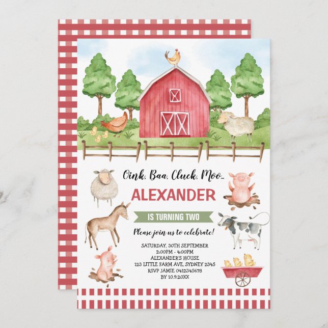 Cute Farm Animals Barnyard Birthday Bash Invitation (Front/Back)