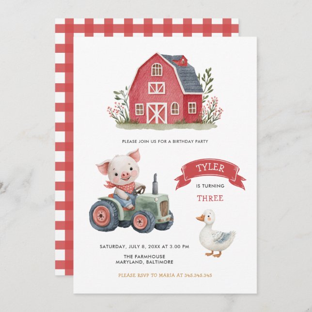 Cute Farm Animals Barnyard Birthday Party Invitation (Front/Back)