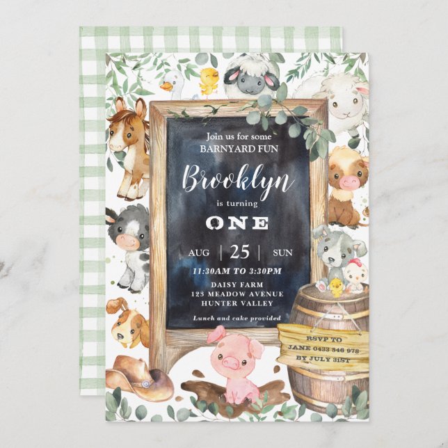 Cute Farm Animals Barnyard Chic Greenery Birthday Invitation (Front/Back)