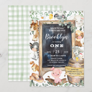 Cute Farm Animals Barnyard Chic Greenery Birthday Invitation