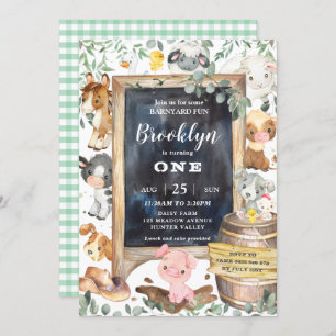 Cute Farm Animals Barnyard Greenery 1st Birthday Invitation