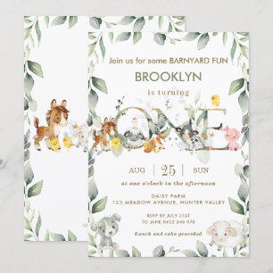 Cute Farm Animals Barnyard Greenery 1st Birthday Invitation