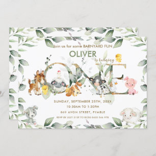Cute Farm Animals Barnyard Greenery 1st Birthday Invitation
