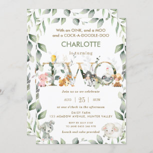 Cute Farm Animals Barnyard Greenery 2nd Birthday Invitation