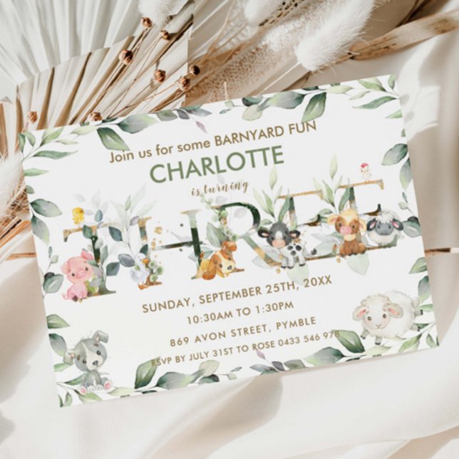 Cute Farm Animals Barnyard Greenery 3d Birthday Invitation (Creator Uploaded)