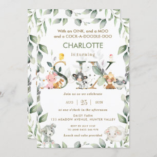 Cute Farm Animals Barnyard Greenery 6th Birthday  Invitation
