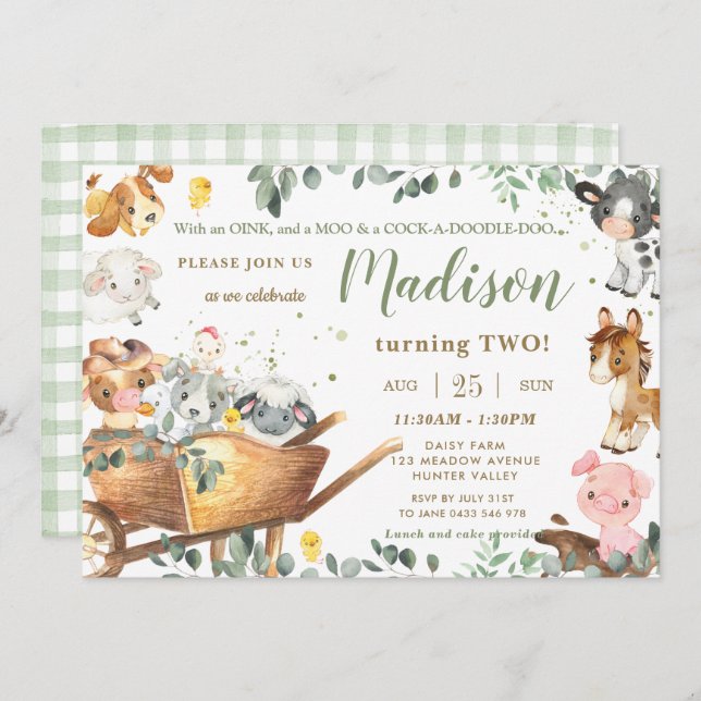Cute Farm Animals Barnyard Greenery Birthday Invitation (Front/Back)