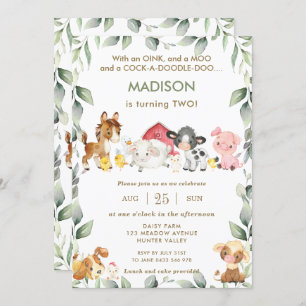 Cute Farm Animals Barnyard Greenery Birthday Invitation