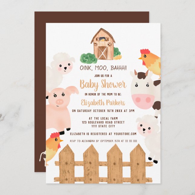 Cute farm animals barnyard neutral baby shower invitation (Front/Back)