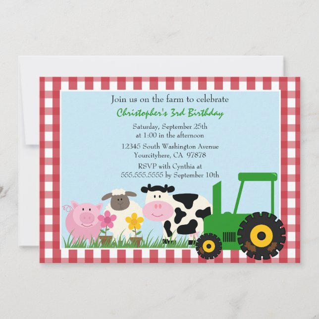 Cute farm animals birthday party invitation (Front)