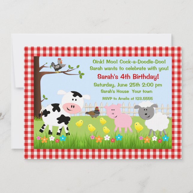 Cute Farm Animals Birthday Party Invitations (Front)