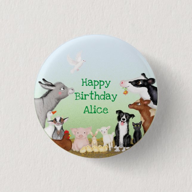 Cute farm animals birthday party round badge (Front)