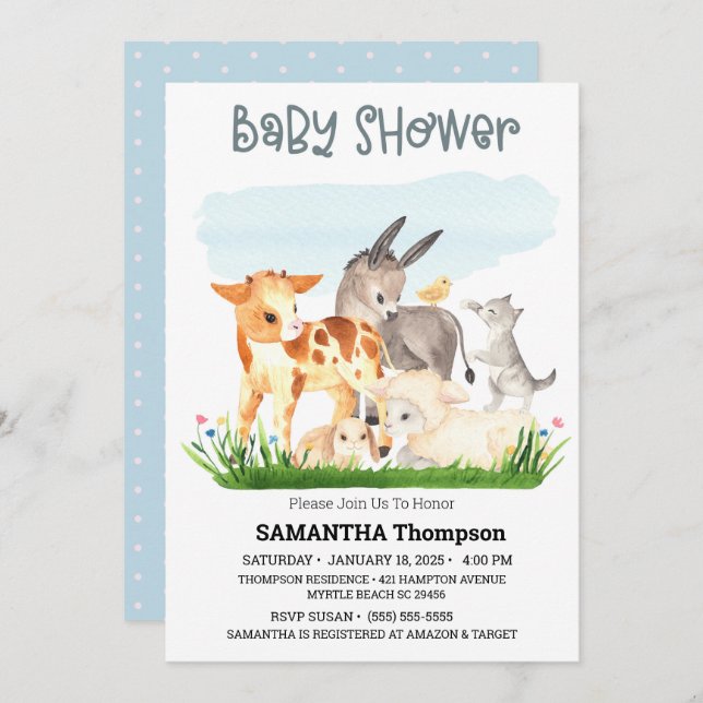 Cute Farm Animals Blue Boys Baby Shower Invitation (Front/Back)
