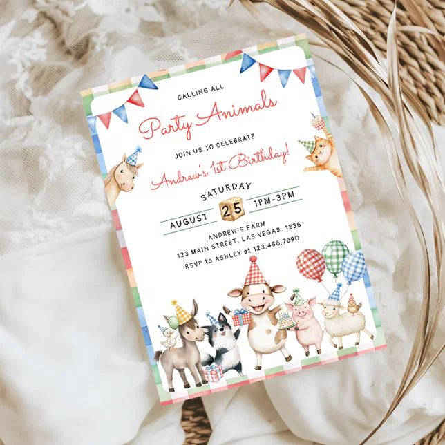 Cute Farm Animals Calling All Party 1st Birthday Invitation | Zazzle