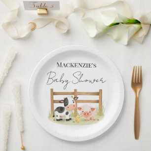Cute Farm Animals Cow, Pig, and Chick  Baby Shower Paper Plate